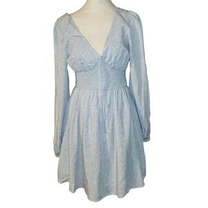 Copper Key Light Blue Floral Smocked Waist V-Neck Long Sleeve Mini Dress Size S